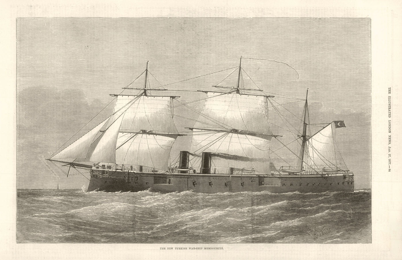 The New Turkish Warship Memdouhiyé. Ships 1877 old antique print picture
